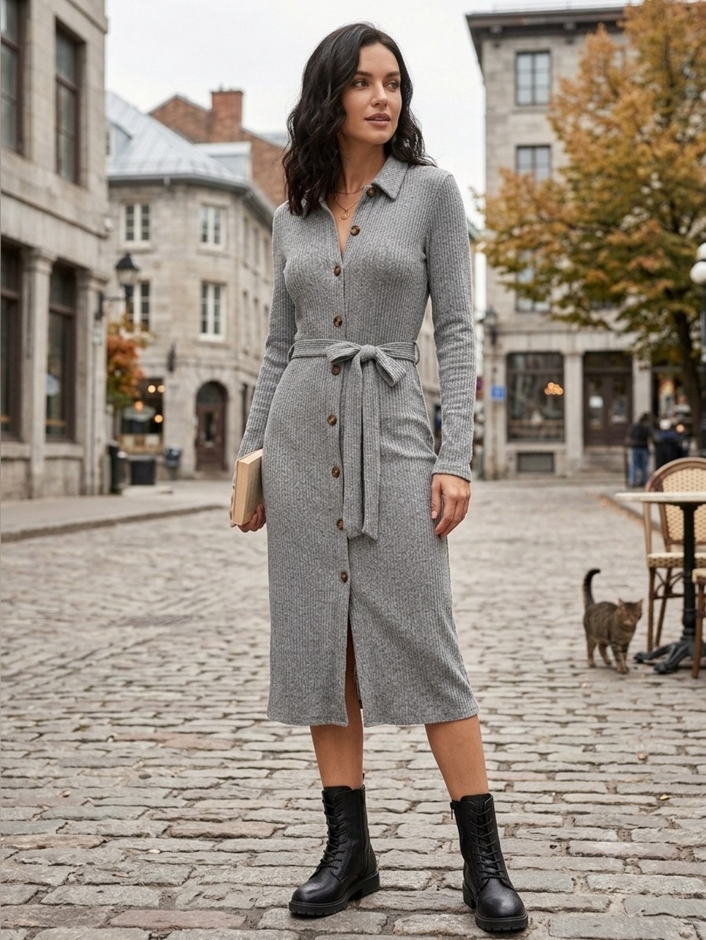 MONTEAU Los Angeles Gray Knit Button-Up Belted Midi Dress size large - Picture 3 of 9